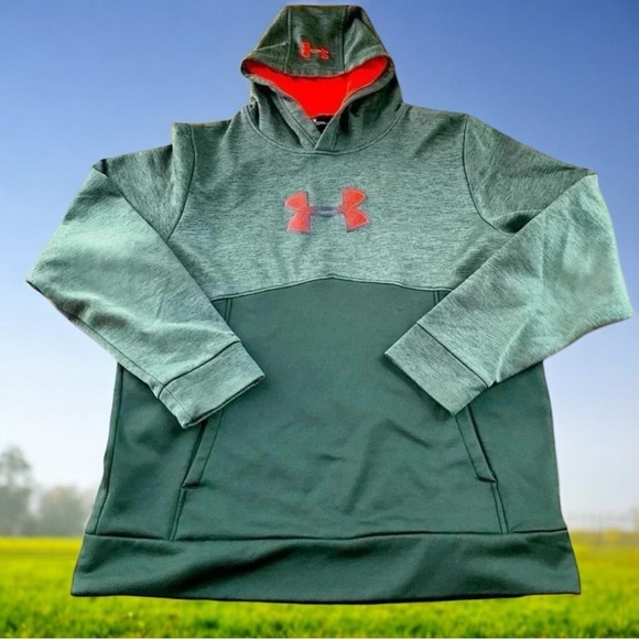 UNDER ARMOUR Men's Loose Fit Olive Green Hoodie With Orange Chest Logo Sz Md/M - Picture 2 of 11